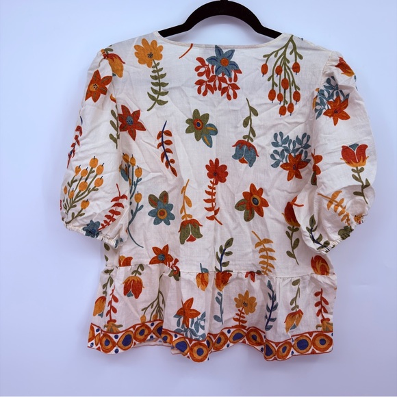 CeCe Floral Boho Peplum Blouse Puff Sleeve Tie Neck Top Size Large - Picture 6 of 6